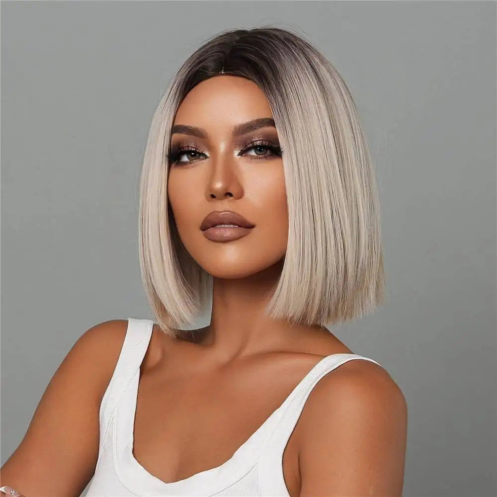 Short Blonde Bob Synthetic Wig - Crossdresser's Chic Shoulder-Length Straight Style with Dark Root and Mixed White Hair