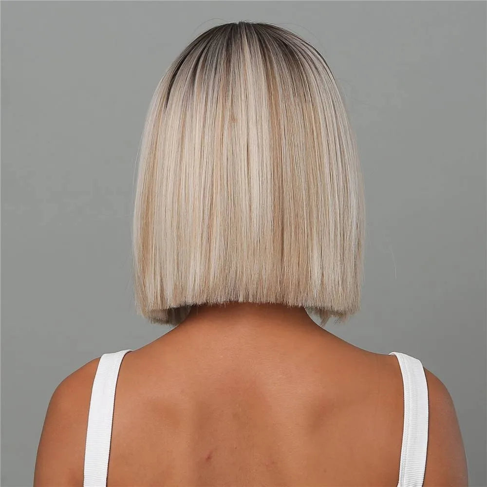 Short Blonde Bob Synthetic Wig - Crossdresser's Chic Shoulder-Length Straight Style with Dark Root and Mixed White Hair