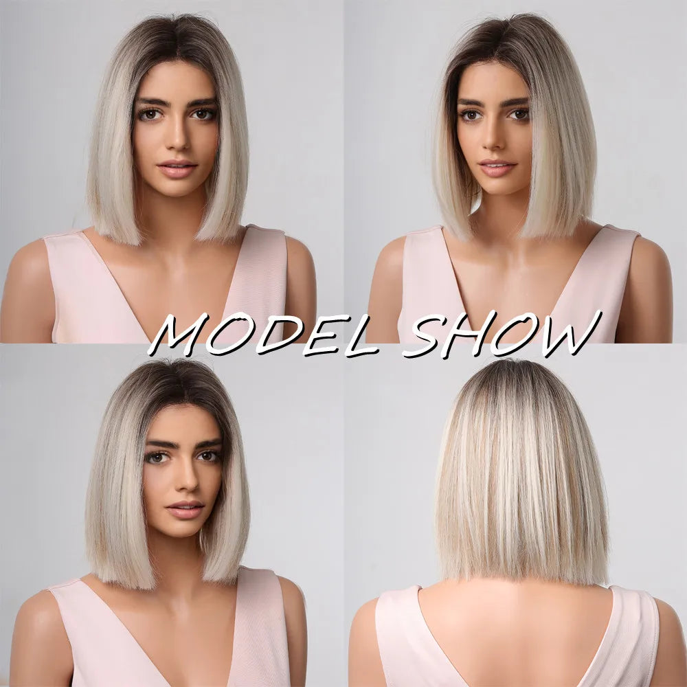 Short Blonde Bob Synthetic Wig - Crossdresser's Chic Shoulder-Length Straight Style with Dark Root and Mixed White Hair