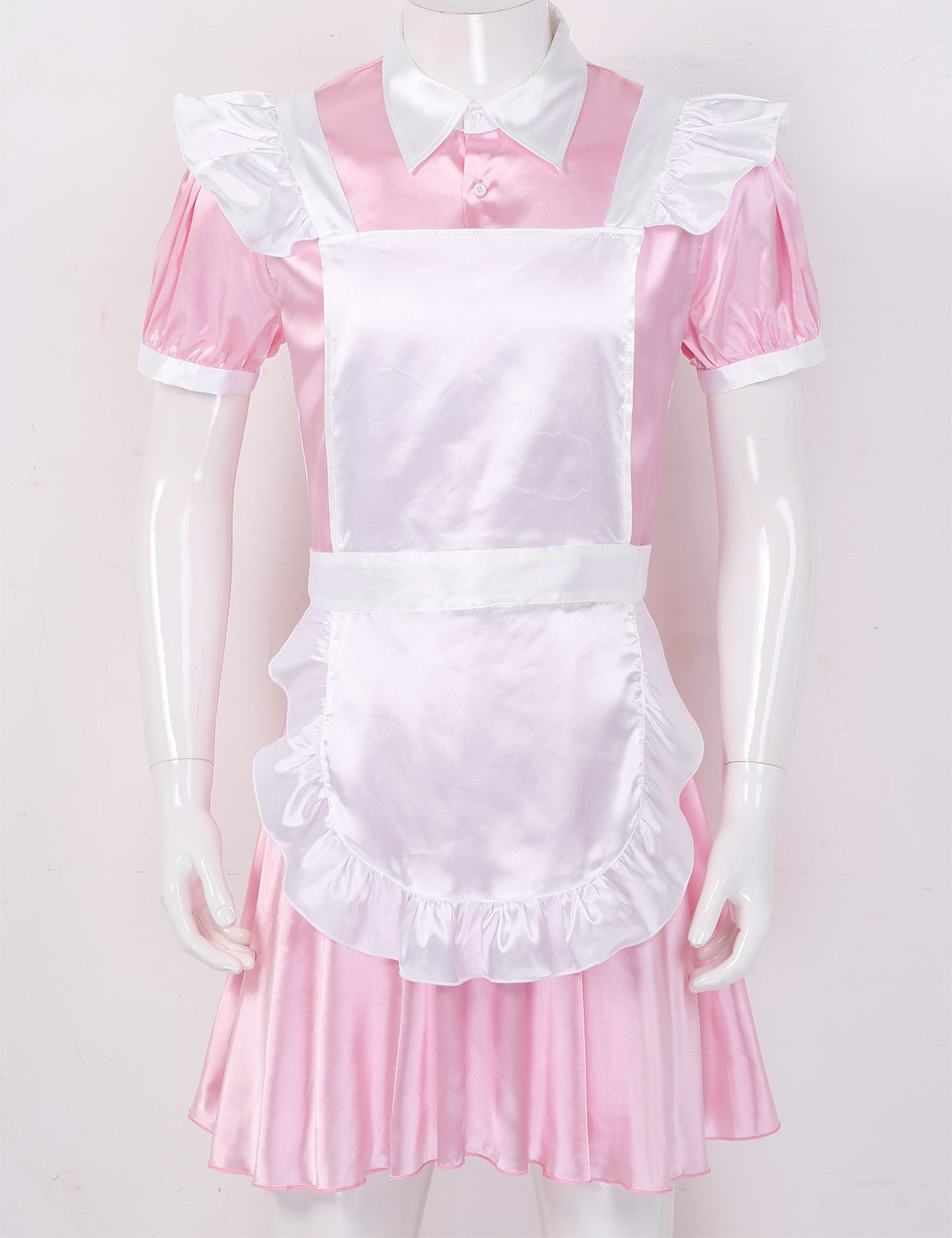 Mens Sissy Maid Cosplay Costume Puff Sleeve Frilly Satin French Apron Maid Servant Dress Set Roleplay Babydoll Dress with Apron