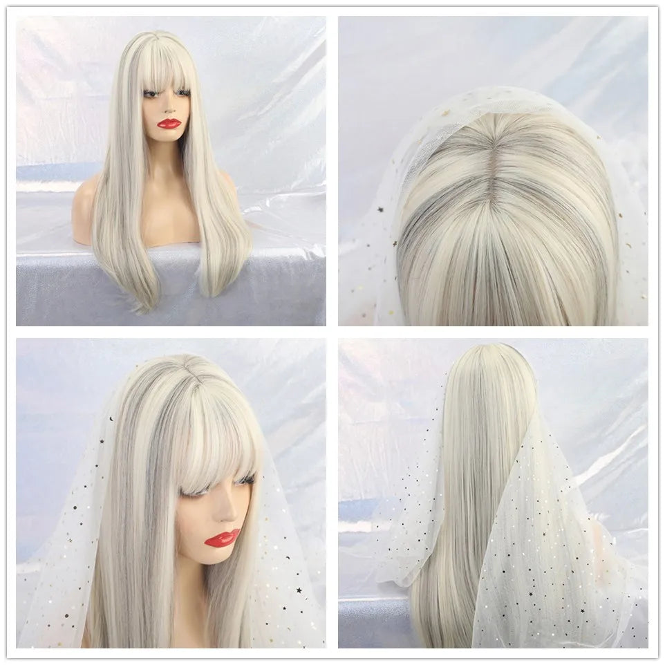 Synthetic Long White Wig with Bangs - Crossdresser's Cosplay Straight Wig with Brown Highlight for a Natural Look