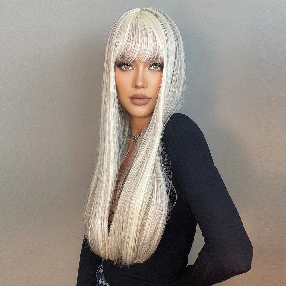 Synthetic Long White Wig with Bangs - Crossdresser's Cosplay Straight Wig with Brown Highlight for a Natural Look