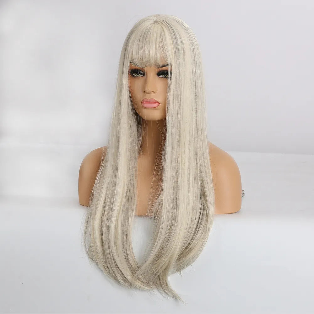 Synthetic Long White Wig with Bangs - Crossdresser's Cosplay Straight Wig with Brown Highlight for a Natural Look