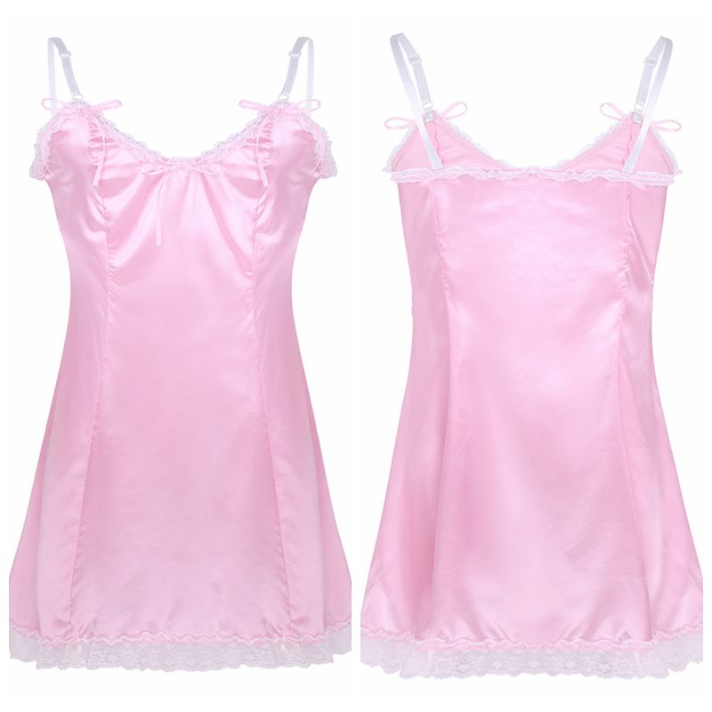 Mens Sissy Maid Cosplay Costume Puff Sleeve Frilly Satin French Apron Maid Servant Dress Set Roleplay Babydoll Dress with Apron