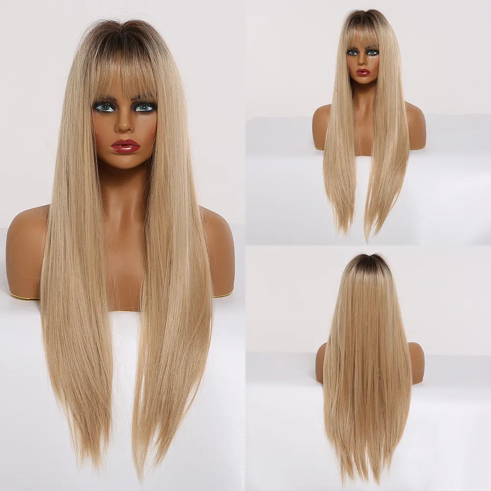 Synthetic Long White Wig with Bangs - Crossdresser's Cosplay Straight Wig with Brown Highlight for a Natural Look