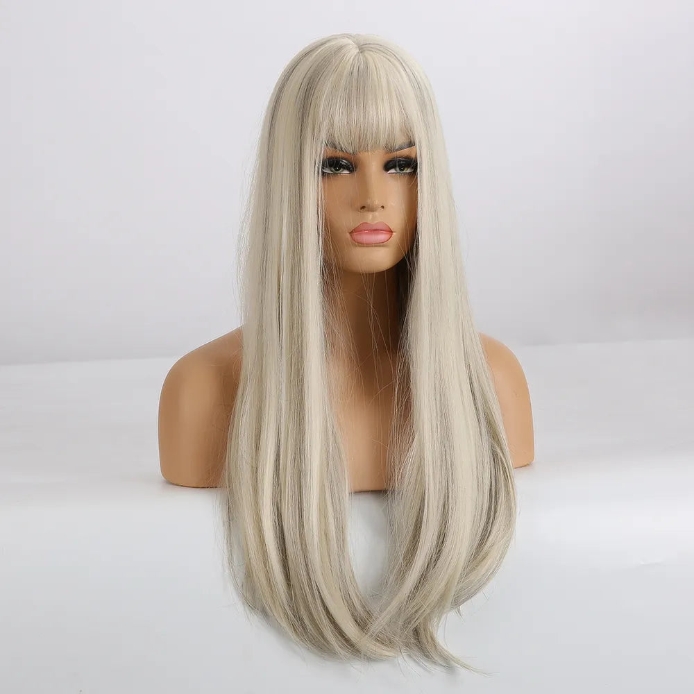 Synthetic Long White Wig with Bangs - Crossdresser's Cosplay Straight Wig with Brown Highlight for a Natural Look