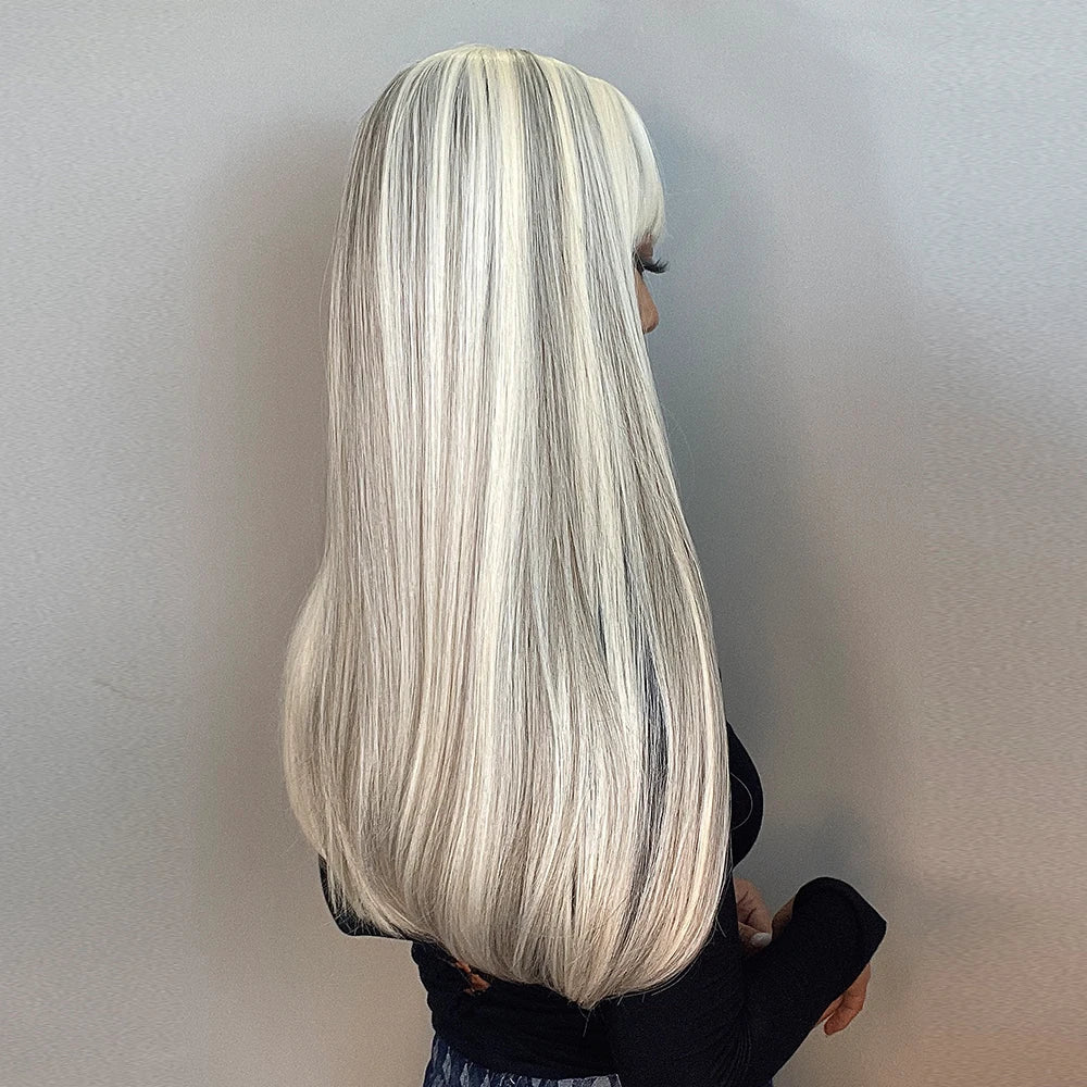 Synthetic Long White Wig with Bangs - Crossdresser's Cosplay Straight Wig with Brown Highlight for a Natural Look
