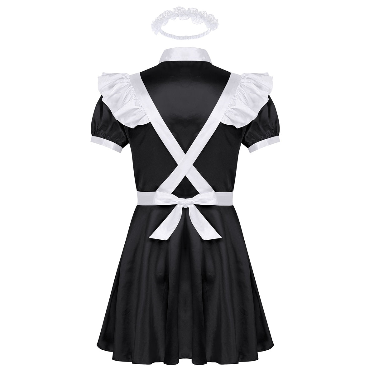 Mens Sissy Maid Cosplay Costume Puff Sleeve Frilly Satin French Apron Maid Servant Dress Set Roleplay Babydoll Dress with Apron