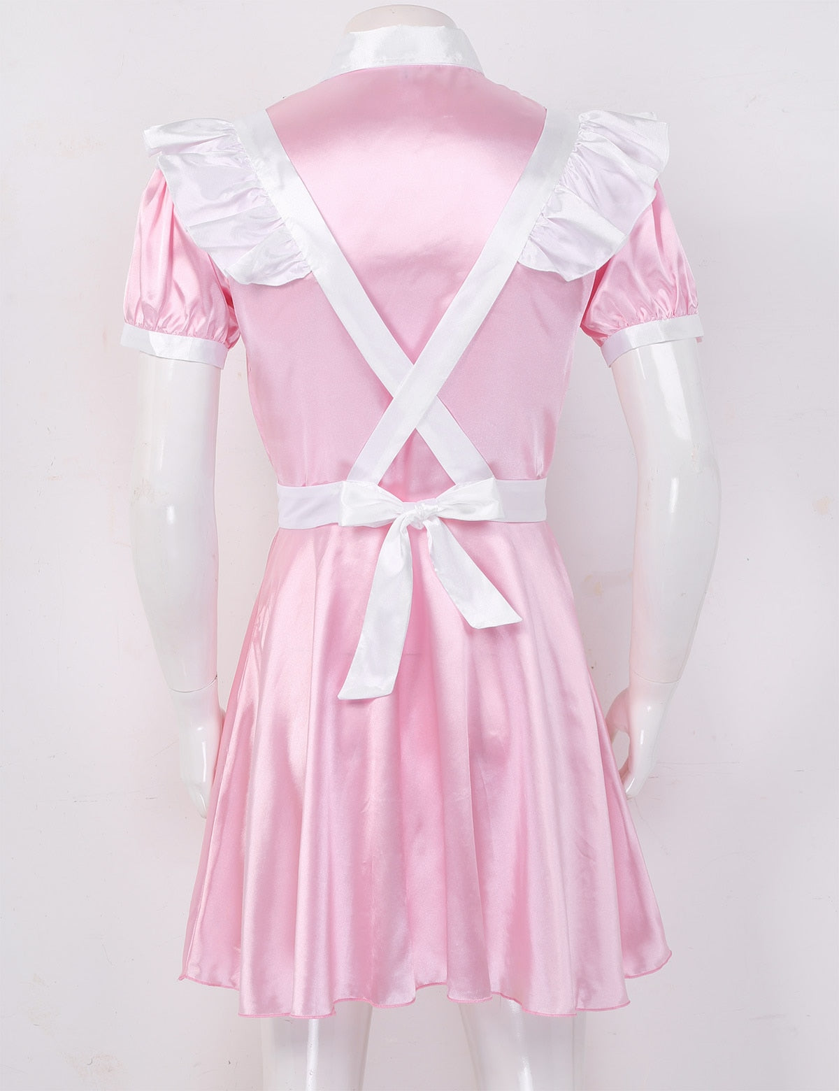Mens Sissy Maid Cosplay Costume Puff Sleeve Frilly Satin French Apron Maid Servant Dress Set Roleplay Babydoll Dress with Apron