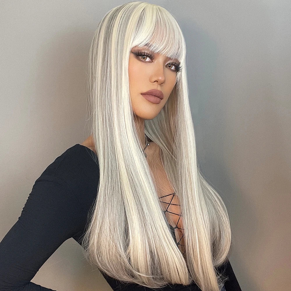 Synthetic Long White Wig with Bangs - Crossdresser's Cosplay Straight Wig with Brown Highlight for a Natural Look