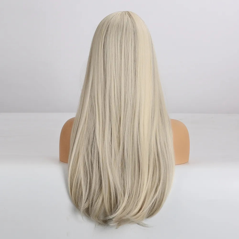 Synthetic Long White Wig with Bangs - Crossdresser's Cosplay Straight Wig with Brown Highlight for a Natural Look