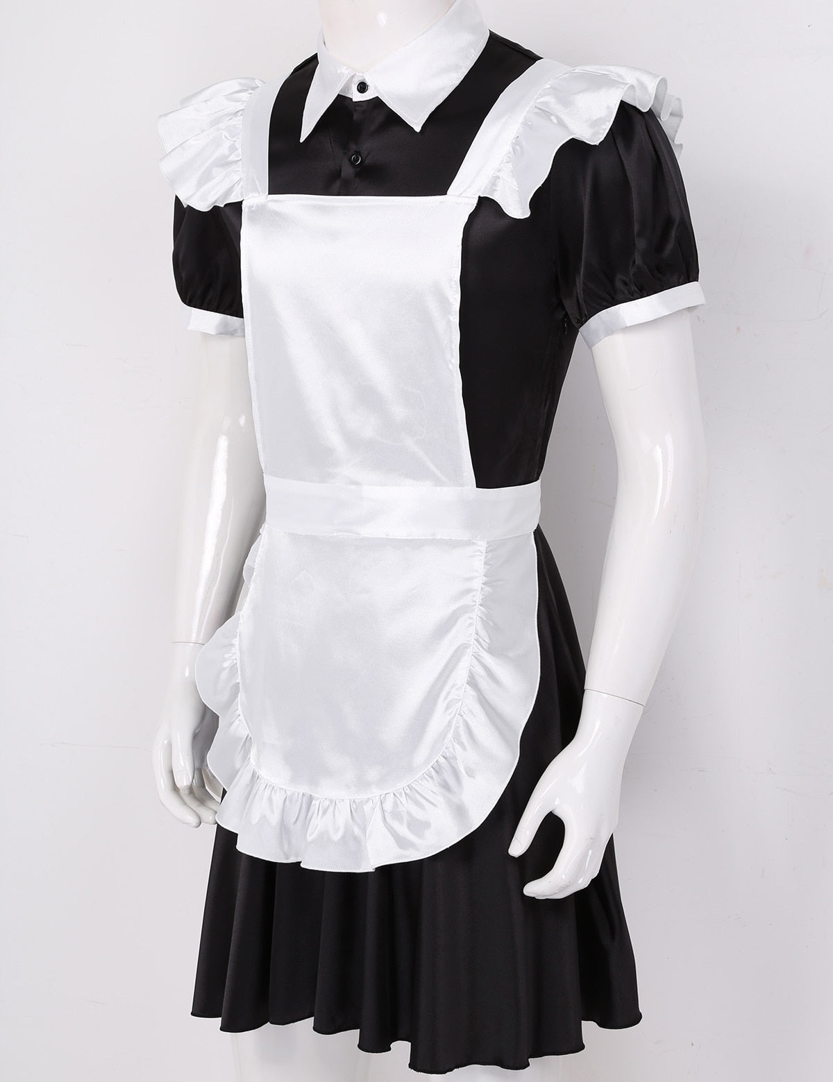 Mens Sissy Maid Cosplay Costume Puff Sleeve Frilly Satin French Apron Maid Servant Dress Set Roleplay Babydoll Dress with Apron