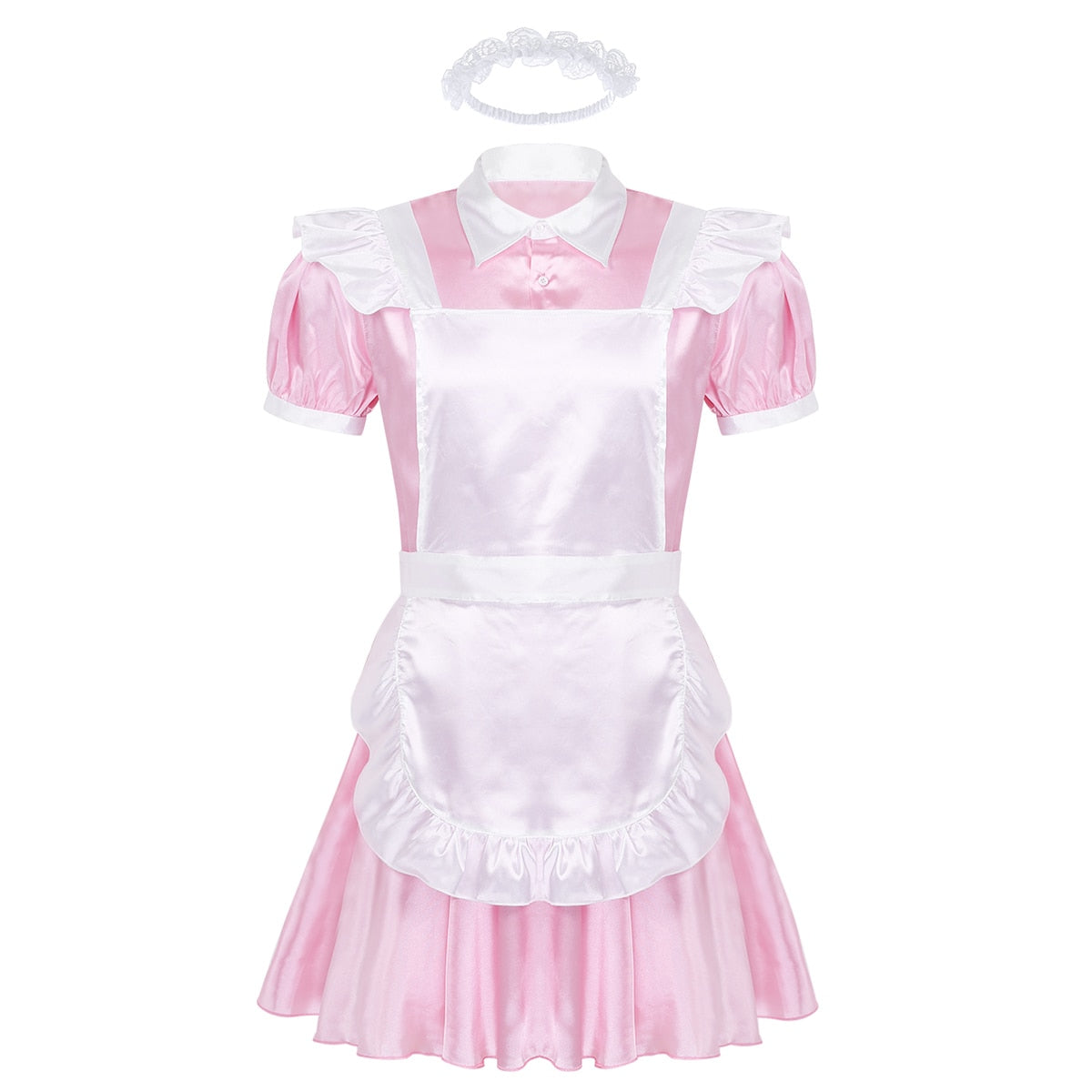 Mens Sissy Maid Cosplay Costume Puff Sleeve Frilly Satin French Apron Maid Servant Dress Set Roleplay Babydoll Dress with Apron