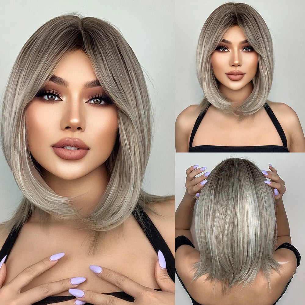 Short Blonde Bob Synthetic Wig - Crossdresser's Chic Shoulder-Length Straight Style with Dark Root and Mixed White Hair