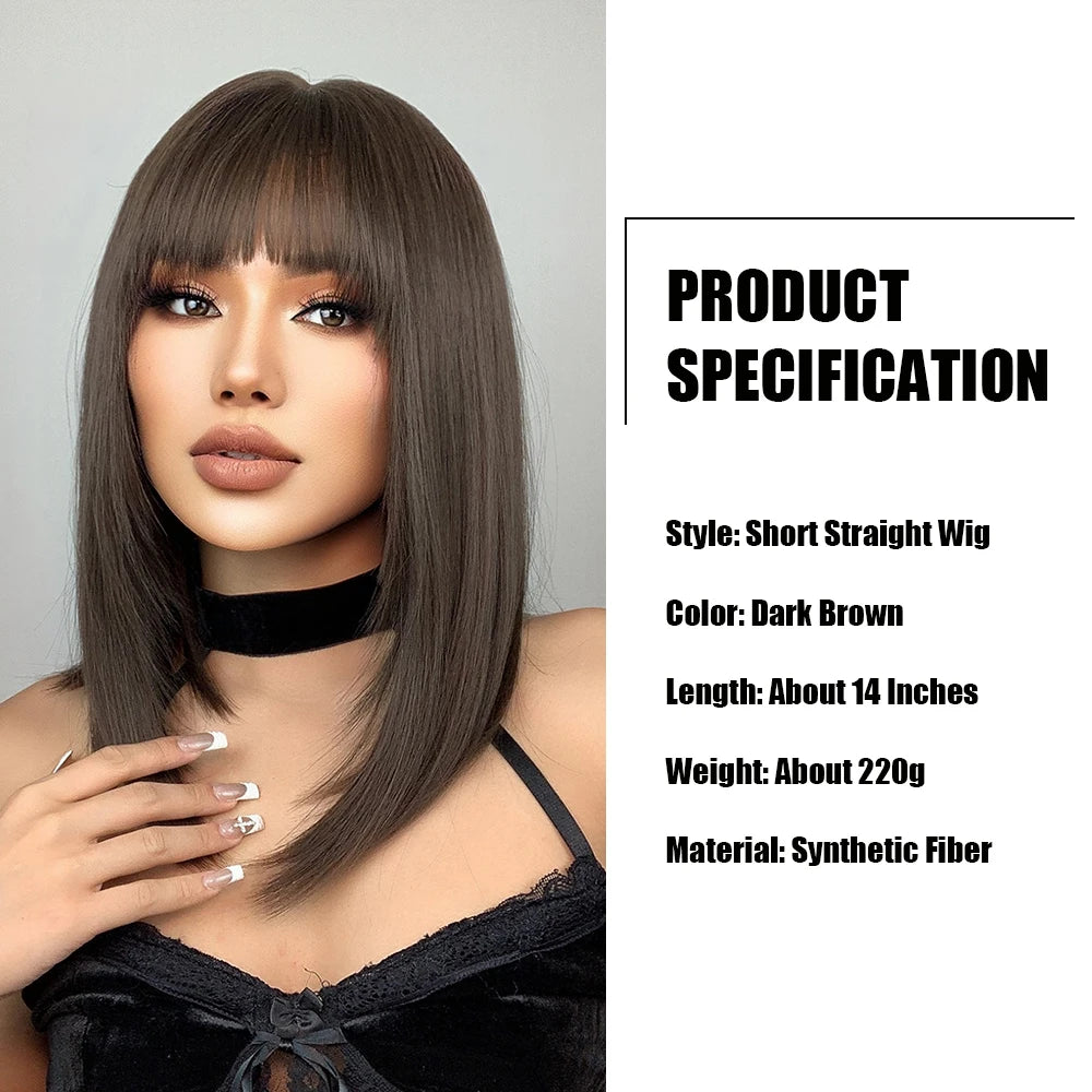 Short Straight Synthetic Wig - Crossdresser's Dark Brown Fake Hair with Bangs, Heat Resistant for Daily Cosplay Elegance