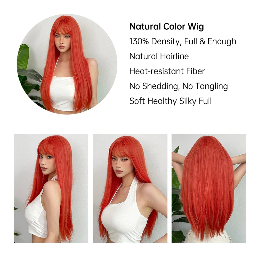 Long Straight Orange Wig with Bangs - Crossdresser's Daily Cosplay Heat Resistant Synthetic Hair