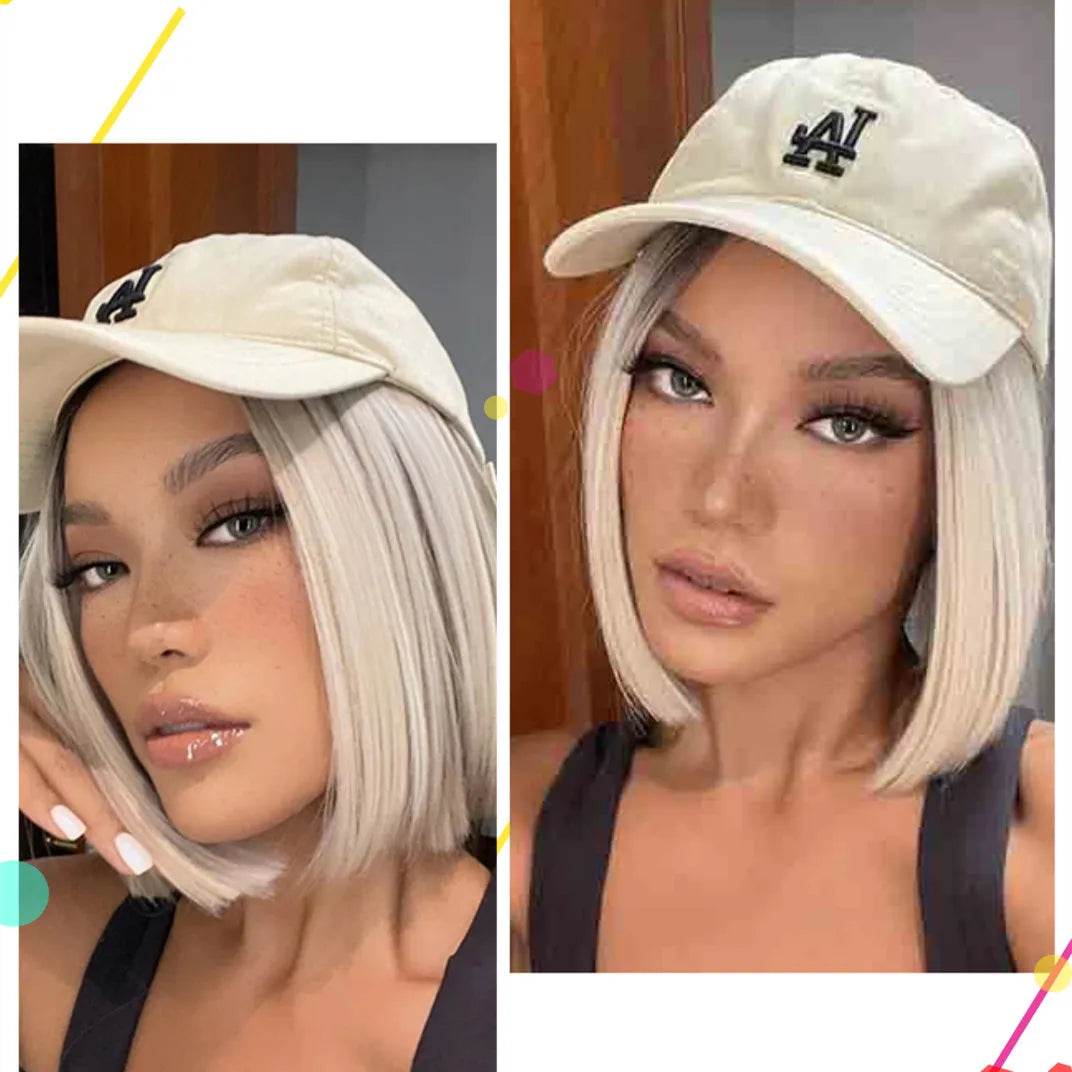 Short Blonde Bob Synthetic Wig - Crossdresser's Chic Shoulder-Length Straight Style with Dark Root and Mixed White Hair