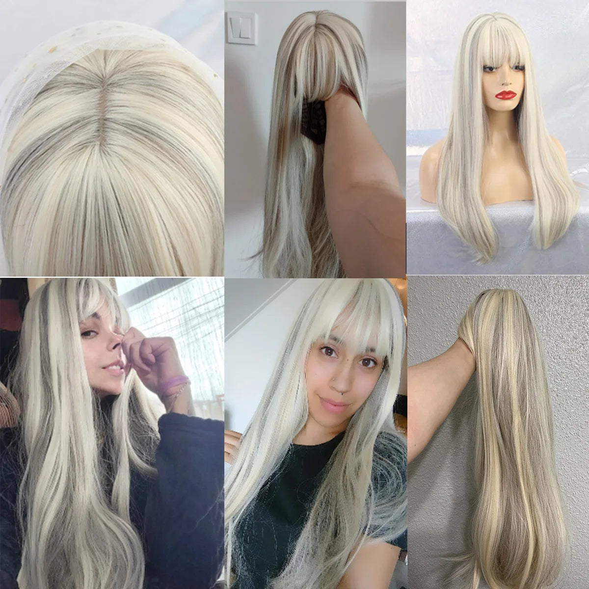 Synthetic Long White Wig with Bangs - Crossdresser's Cosplay Straight Wig with Brown Highlight for a Natural Look