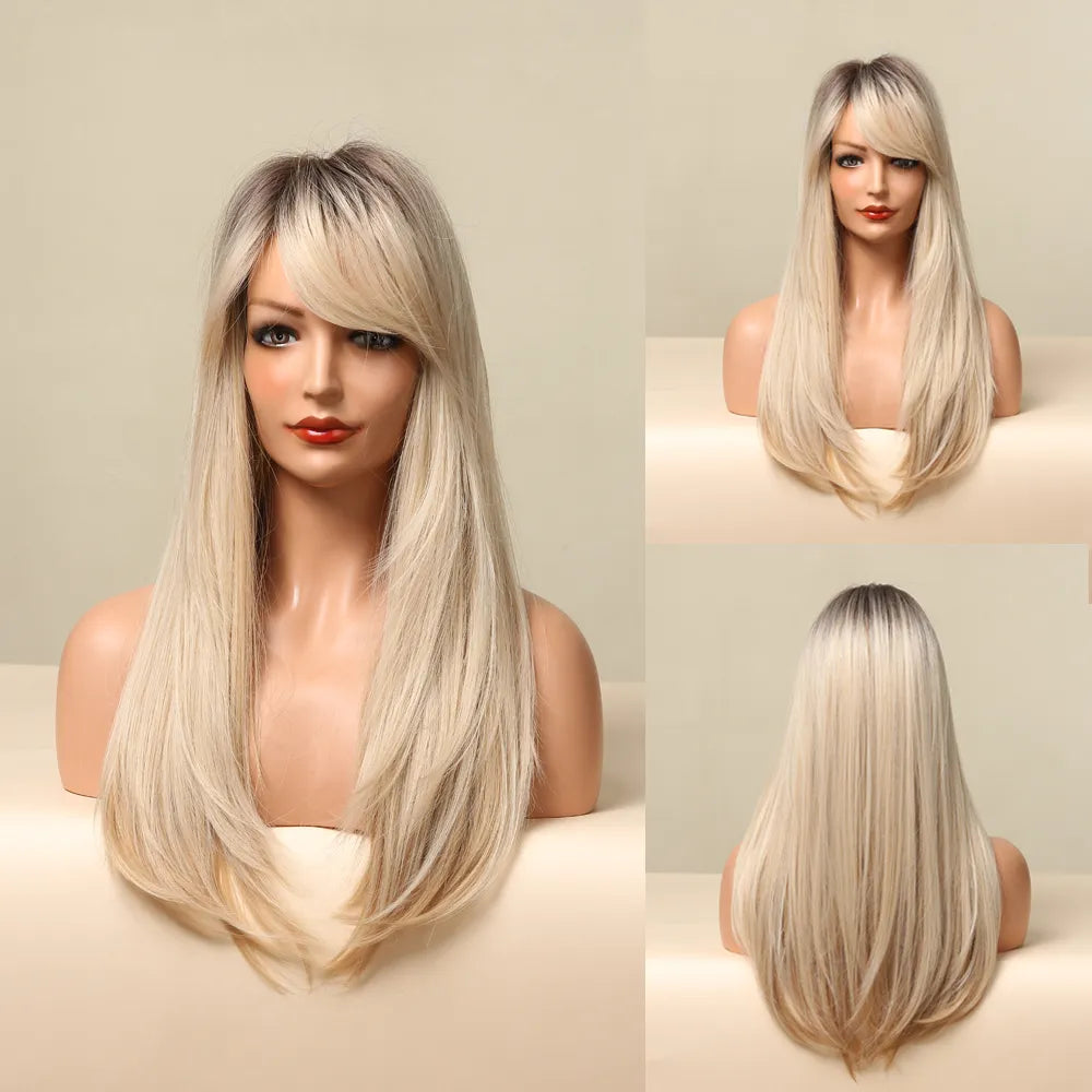 Synthetic Long White Wig with Bangs - Crossdresser's Cosplay Straight Wig with Brown Highlight for a Natural Look