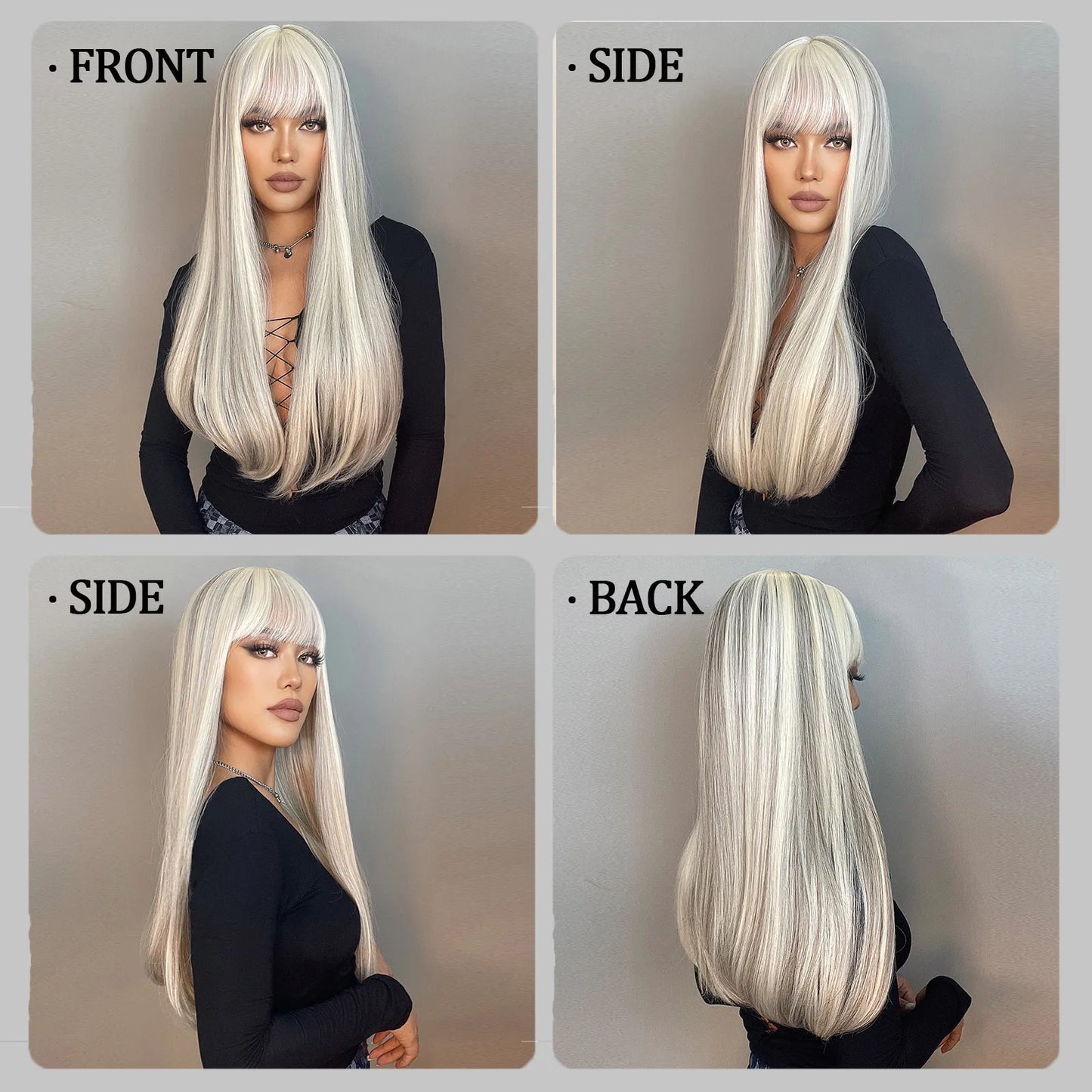 Synthetic Long White Wig with Bangs - Crossdresser's Cosplay Straight Wig with Brown Highlight for a Natural Look