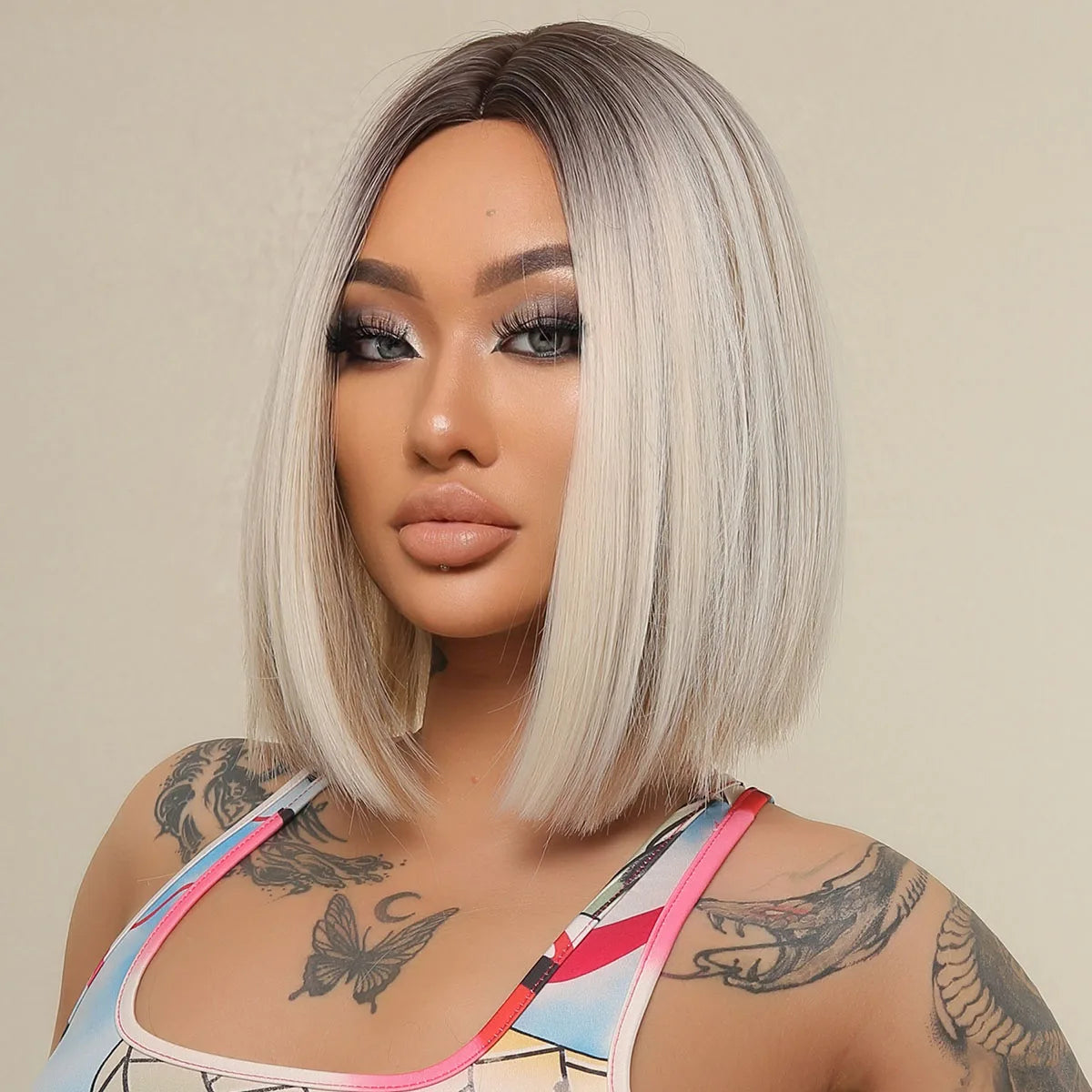 Short Blonde Bob Synthetic Wig - Crossdresser's Chic Shoulder-Length Straight Style with Dark Root and Mixed White Hair