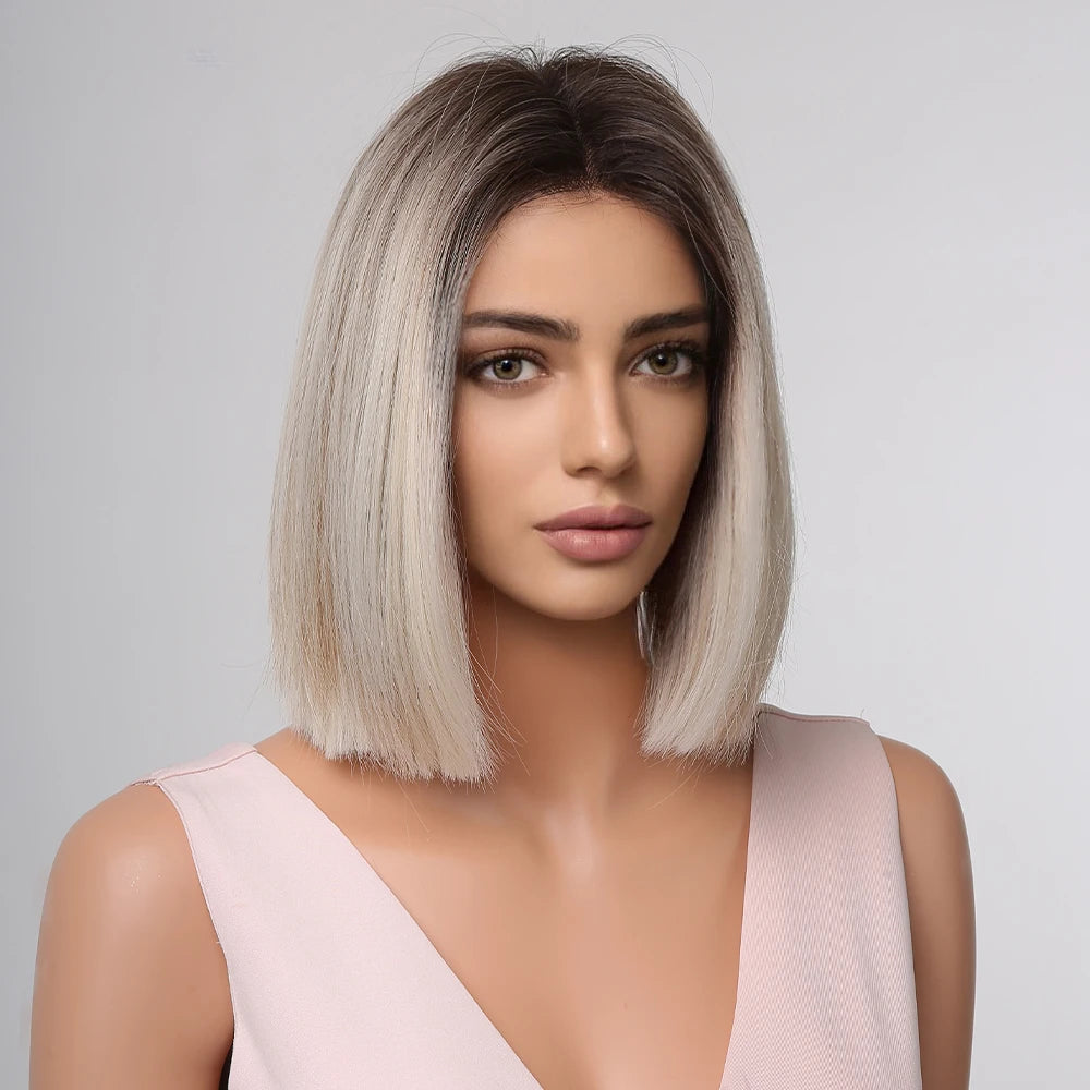 Short Blonde Bob Synthetic Wig - Crossdresser's Chic Shoulder-Length Straight Style with Dark Root and Mixed White Hair