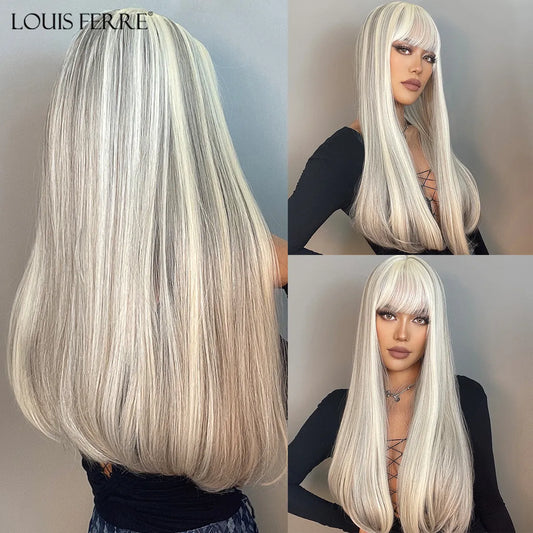 Synthetic Long White Wig with Bangs - Crossdresser's Cosplay Straight Wig with Brown Highlight for a Natural Look
