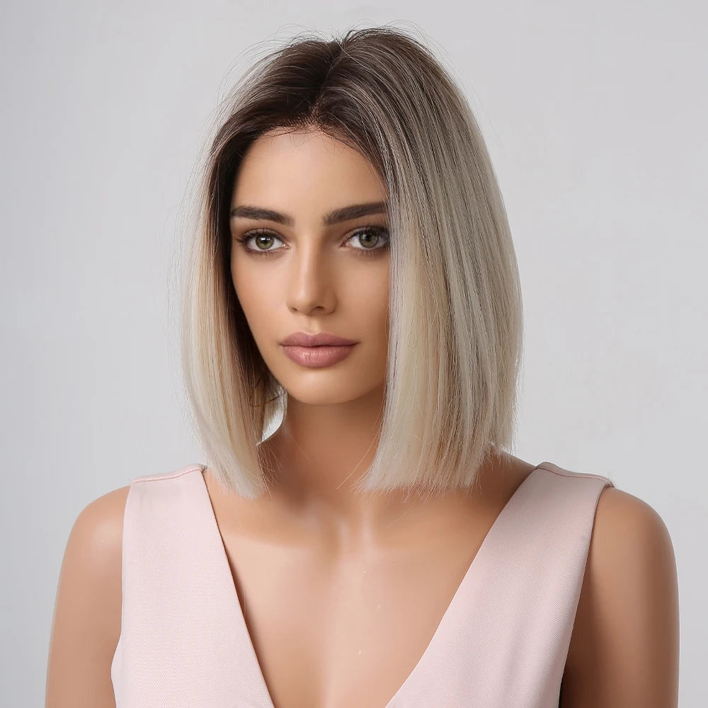 Short Blonde Bob Synthetic Wig - Crossdresser's Chic Shoulder-Length Straight Style with Dark Root and Mixed White Hair