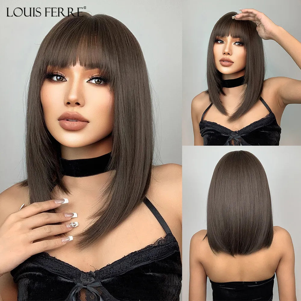 Short Straight Synthetic Wig - Crossdresser's Dark Brown Fake Hair with Bangs, Heat Resistant for Daily Cosplay Elegance