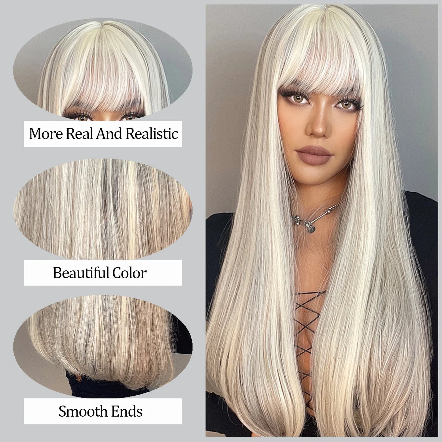 Synthetic Long White Wig with Bangs - Crossdresser's Cosplay Straight Wig with Brown Highlight for a Natural Look
