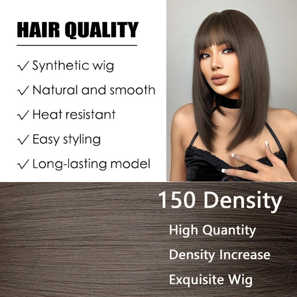 Short Straight Synthetic Wig - Crossdresser's Dark Brown Fake Hair with Bangs, Heat Resistant for Daily Cosplay Elegance