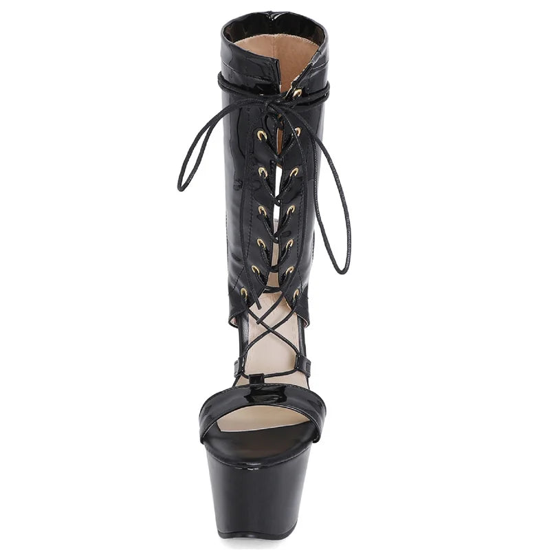 Fetish Fashion: Crossdresser's Summer Lace-Up Boots with Platform High Heels in Black and Red - Perfect for Party