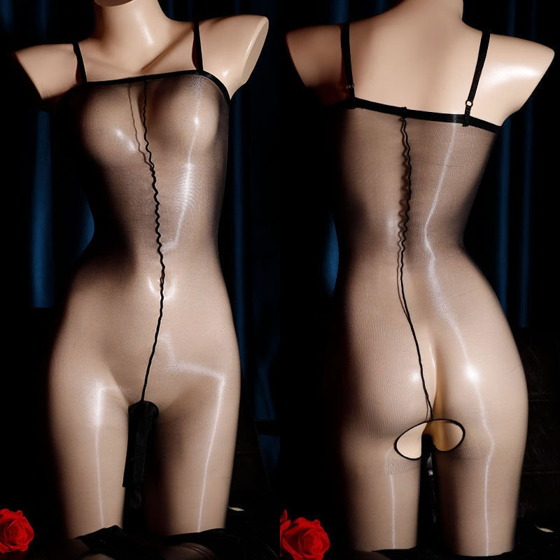 Sensual Men's Lingerie - Glossy Crotchless Bodystocking with Sheer Ultrathin Material and Open Crotch Strap Design.