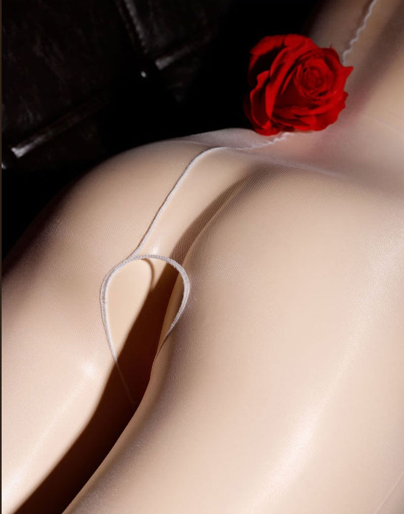 Sensual Men's Lingerie - Glossy Crotchless Bodystocking with Sheer Ultrathin Material and Open Crotch Strap Design.