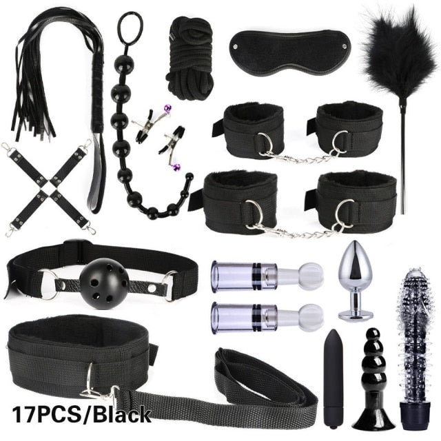 Bound for Pleasure: BDSM Bondage Set - Handcuffs, Nipple Clamps, Whip, and Metal Anal Plug Vibrator - Explore New Heights of Sensual Play with this Adults' Sex Toy Kit