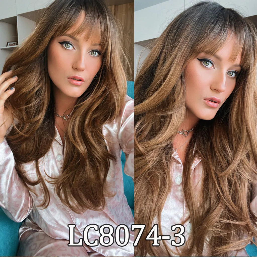 Long Copper Orange Wavy Wig with Bangs for Crossdressers