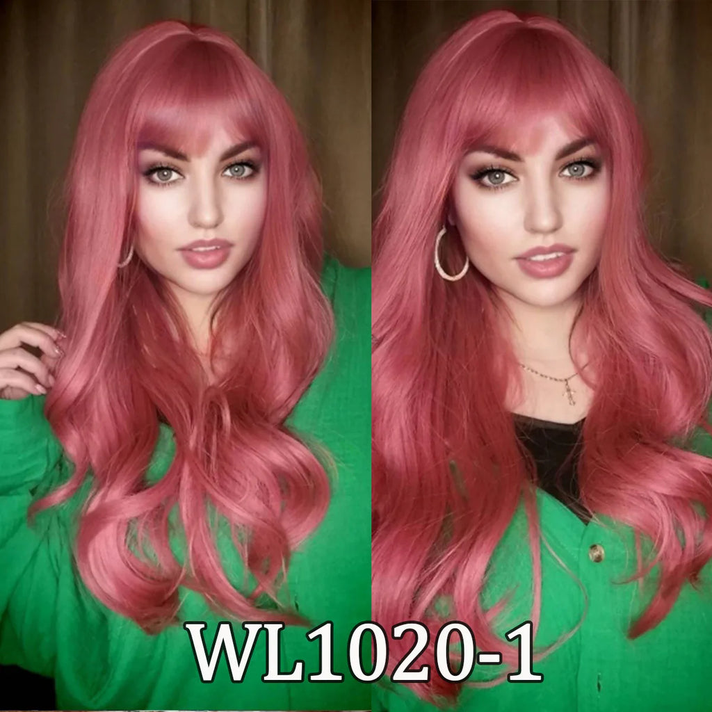 Long Copper Orange Wavy Wig with Bangs for Crossdressers