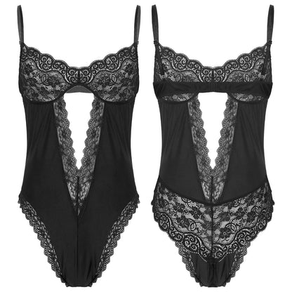 Floral Lace Sissy Bodysuit: Transparent Erotic Nightwear for Crossdressers