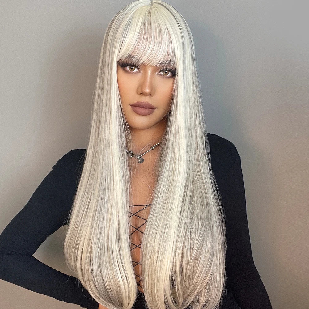Long White Straight Wig with Bangs for Crossdressers