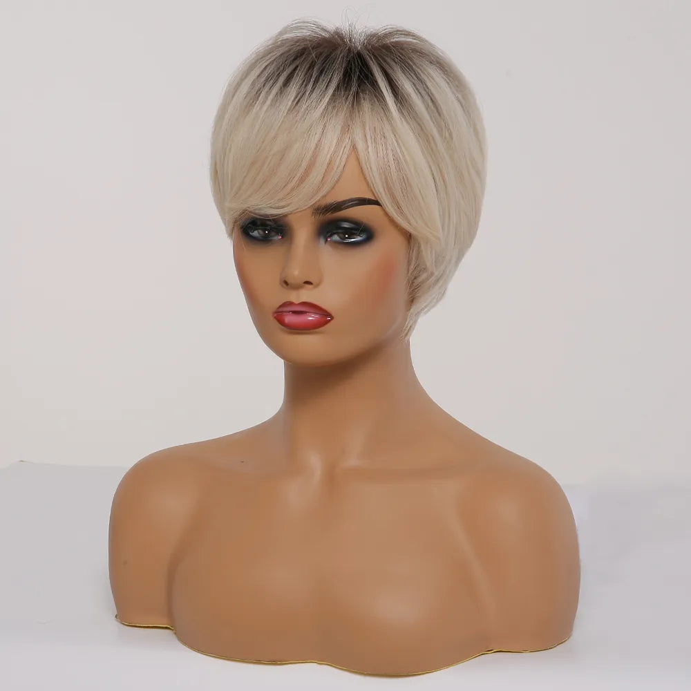 Ombre Ash Blonde Pixie Wig with Bangs - Crossdresser Cosplay Platinum Hair