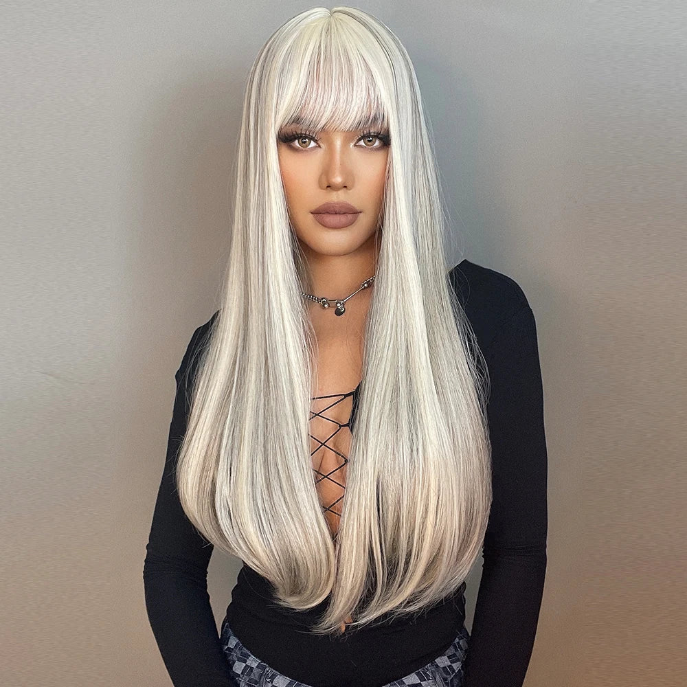 Long White Straight Wig with Bangs for Crossdressers