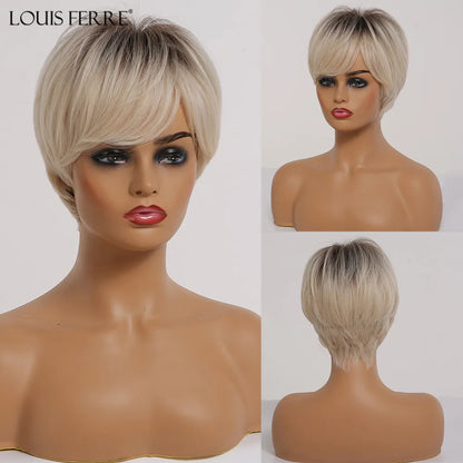 Ombre Ash Blonde Pixie Wig with Bangs - Crossdresser Cosplay Platinum Hair