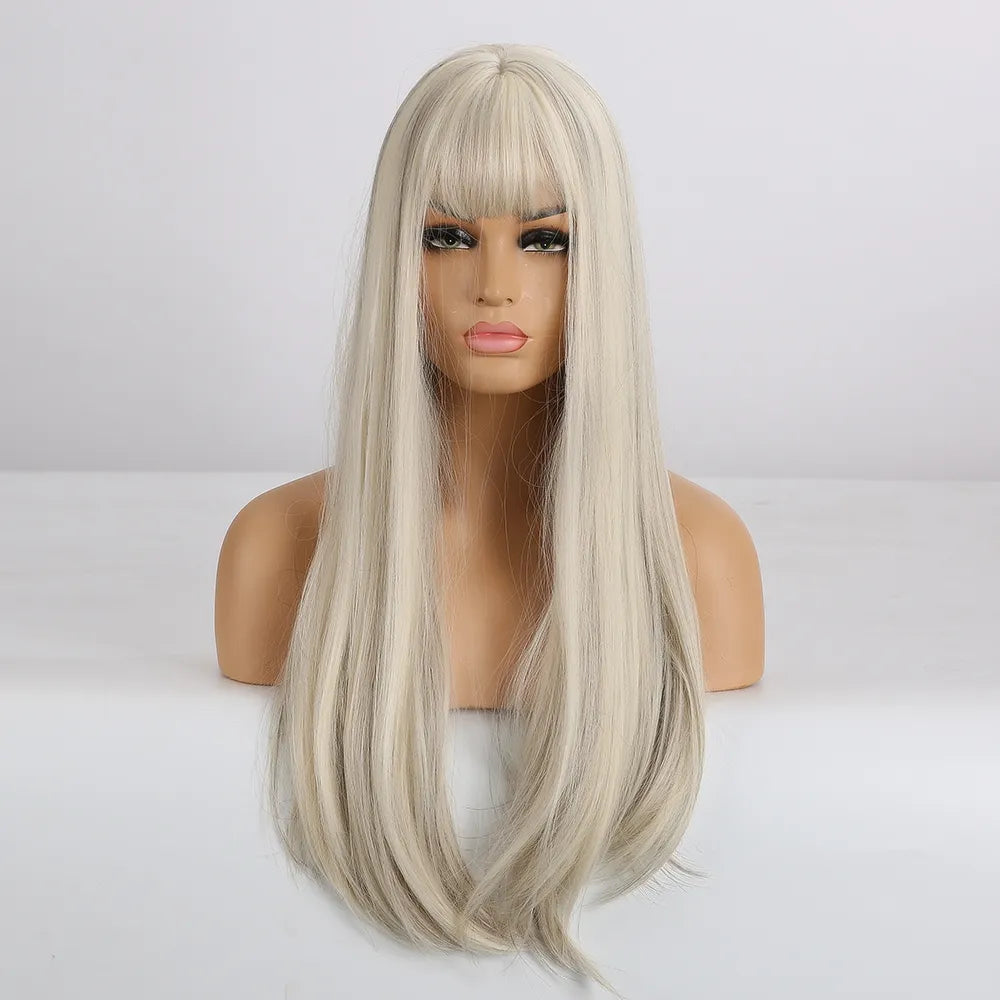 Synthetic Long White Wig with Bangs - Crossdresser's Cosplay Straight Wig with Brown Highlight for a Natural Look