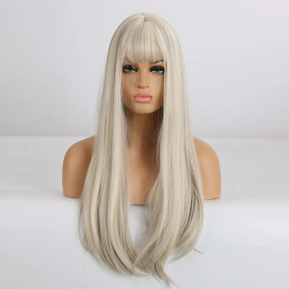 Long White Straight Wig with Bangs for Crossdressers