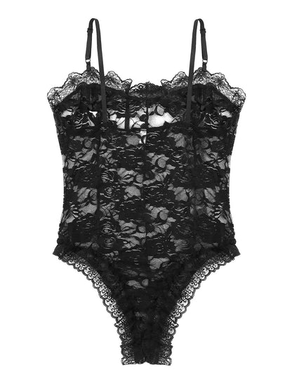 Floral Lace Sissy Bodysuit: Transparent Erotic Nightwear for Crossdressers