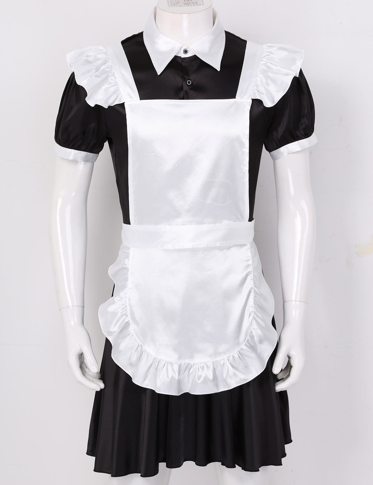 Mens Sissy Maid Cosplay Costume Puff Sleeve Frilly Satin French Apron Maid Servant Dress Set Roleplay Babydoll Dress with Apron