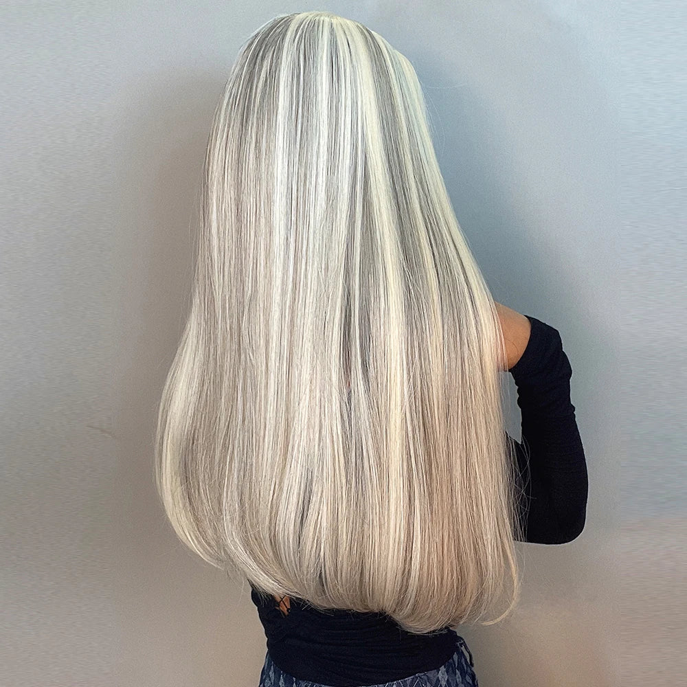 Long White Straight Wig with Bangs for Crossdressers