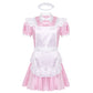 Mens Sissy Maid Cosplay Costume Puff Sleeve Frilly Satin French Apron Maid Servant Dress Set Roleplay Babydoll Dress with Apron