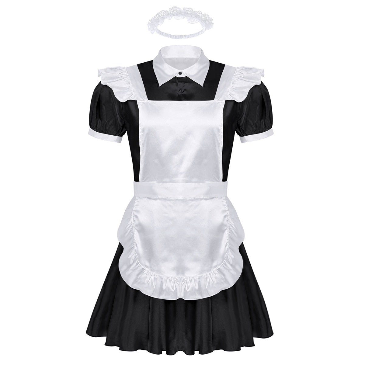 Mens Sissy Maid Cosplay Costume Puff Sleeve Frilly Satin French Apron Maid Servant Dress Set Roleplay Babydoll Dress with Apron