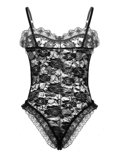 Floral Lace Sissy Bodysuit: Transparent Erotic Nightwear for Crossdressers